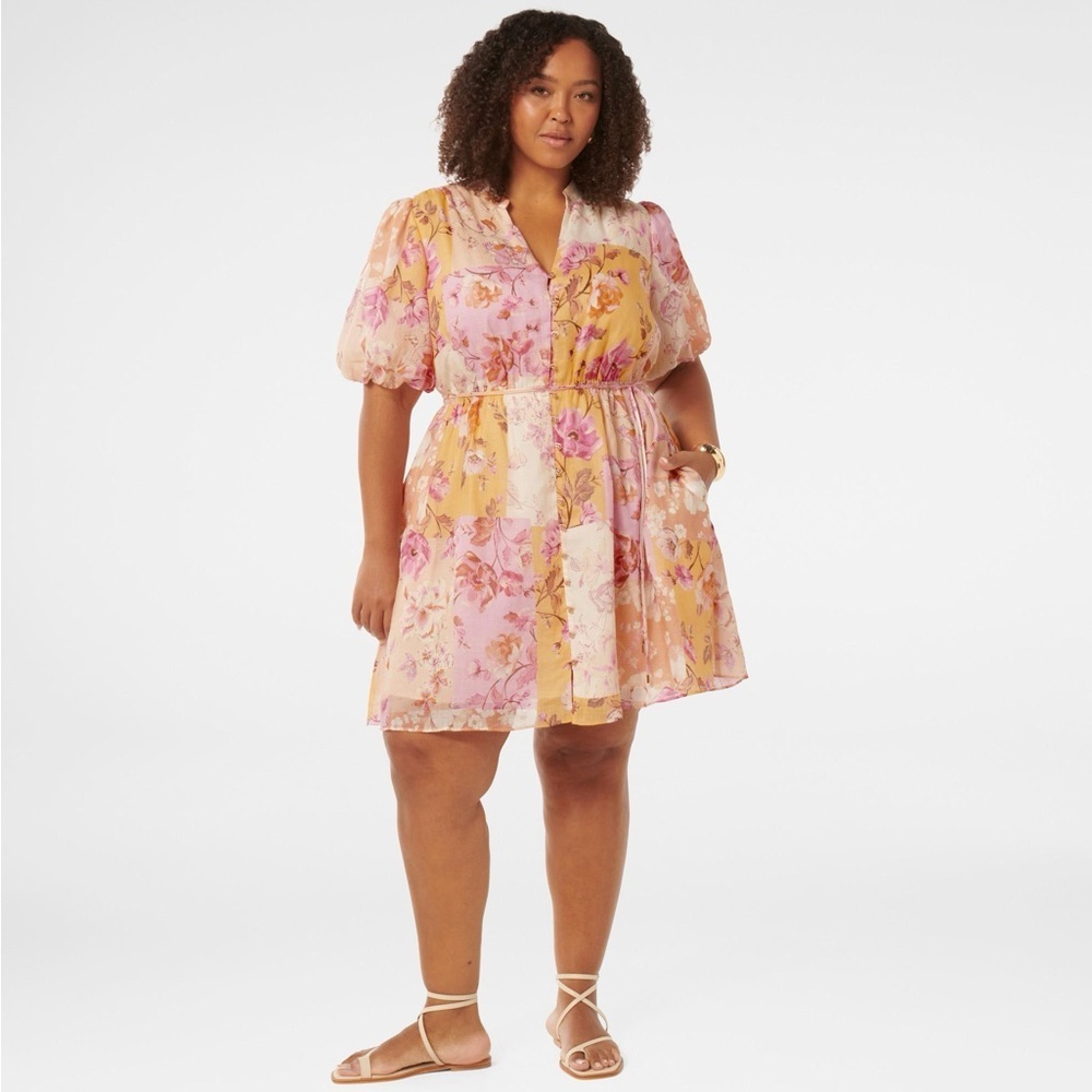 Ever New Floral Puff-Sleeve Pink & Mustard Mini Dress NWT Size 14 - Picture 8 of 16